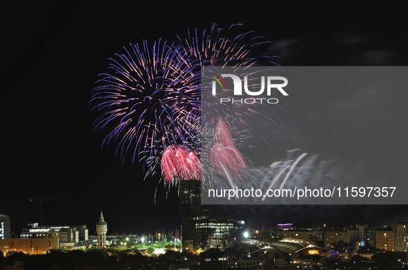 Fireworks on the Barcelona coastline mark the La Merce festivities, the city's patron saint, in Barcelona, Spain, on September 21, 2024. 