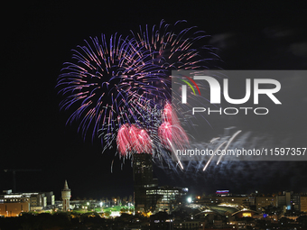 Fireworks on the Barcelona coastline mark the La Merce festivities, the city's patron saint, in Barcelona, Spain, on September 21, 2024. (