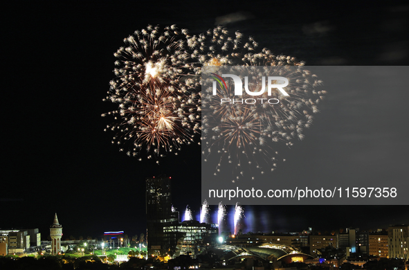 Fireworks on the Barcelona coastline mark the La Merce festivities, the city's patron saint, in Barcelona, Spain, on September 21, 2024. 