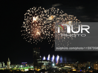 Fireworks on the Barcelona coastline mark the La Merce festivities, the city's patron saint, in Barcelona, Spain, on September 21, 2024. (