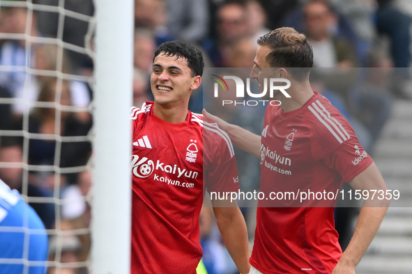 Ramon Sosa of Nottingham Forest celebrates with Chris Wood of Nottingham Forest after scoring a goal to make it 2-2 during the Premier Leagu...