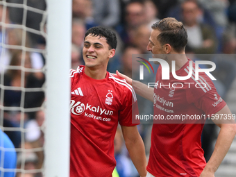 Ramon Sosa of Nottingham Forest celebrates with Chris Wood of Nottingham Forest after scoring a goal to make it 2-2 during the Premier Leagu...