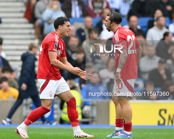 Ramon Sosa of Nottingham Forest celebrates with Jota Silva of Nottingham Forest after scoring a goal to make it 2-2 during the Premier Leagu...