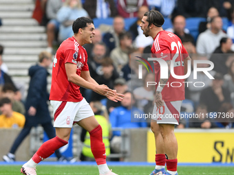 Ramon Sosa of Nottingham Forest celebrates with Jota Silva of Nottingham Forest after scoring a goal to make it 2-2 during the Premier Leagu...