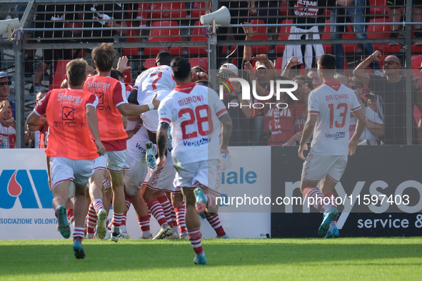 Mantova 1911 celebrates after scoring a goal during the Italian Serie B soccer championship match between Mantova Calcio 1911 and AS Cittade...