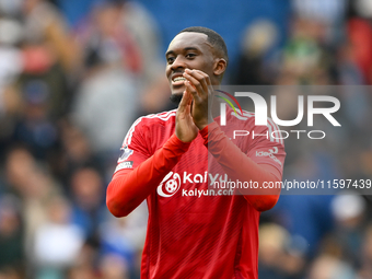 Callum Hudson-Odoi of Nottingham Forest smiles at the Forest supporters during the Premier League match between Brighton and Hove Albion and...