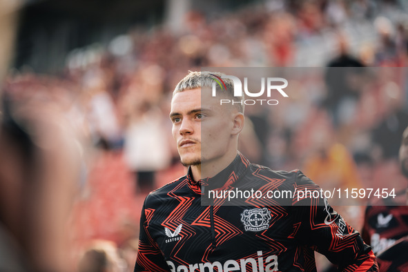 Florian Wirtz of Bayer 04 Leverkusen looks on prior to the Bundesliga match between Bayer 04 Leverkusen and VfL Wolfsburg at Bay Arena in Le...