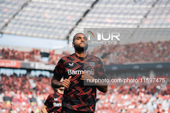 Jonathan Tah of Bayer 04 Leverkusen looks on prior to the Bundesliga match between Bayer 04 Leverkusen and VfL Wolfsburg at Bay Arena in Lev...