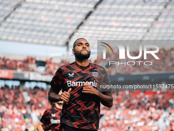 Jonathan Tah of Bayer 04 Leverkusen looks on prior to the Bundesliga match between Bayer 04 Leverkusen and VfL Wolfsburg at Bay Arena in Lev...