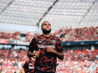 Jonathan Tah of Bayer 04 Leverkusen looks on prior to the Bundesliga match between Bayer 04 Leverkusen and VfL Wolfsburg at Bay Arena in Lev...