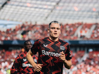 Florian Wirtz of Bayer 04 Leverkusen looks on prior to the Bundesliga match between Bayer 04 Leverkusen and VfL Wolfsburg at Bay Arena in Le...