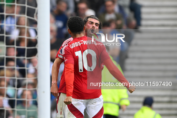 Jota Silva of Nottingham Forest and Morgan Gibbs-White of Nottingham Forest celebrate after Ramon Sosa of Nottingham Forest scores a goal to...