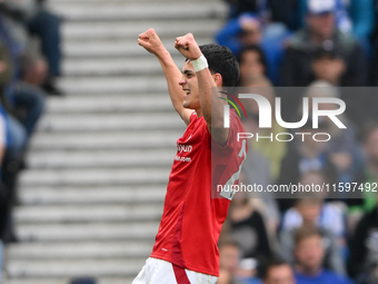 Ramon Sosa of Nottingham Forest celebrates after scoring a goal to make it 2-2 during the Premier League match between Brighton and Hove Alb...