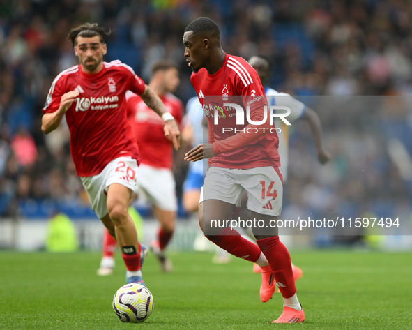 Callum Hudson-Odoi of Nottingham Forest is in action during the Premier League match between Brighton and Hove Albion and Nottingham Forest...