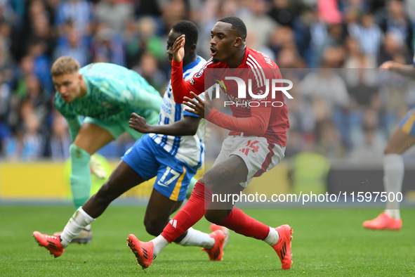 Callum Hudson-Odoi of Nottingham Forest reacts after a missed opportunity at goal during the Premier League match between Brighton and Hove...