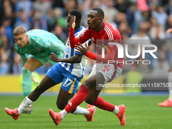 Callum Hudson-Odoi of Nottingham Forest reacts after a missed opportunity at goal during the Premier League match between Brighton and Hove...