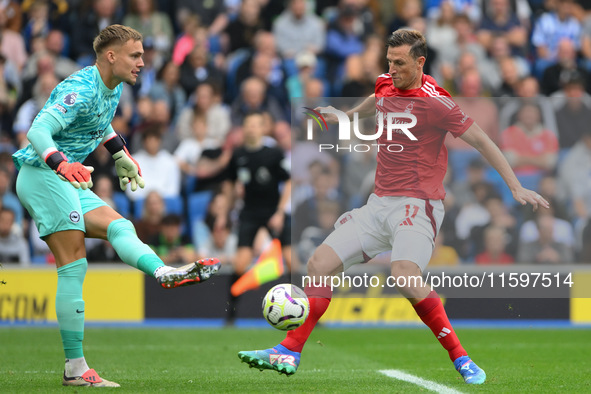 Chris Wood of Nottingham Forest puts pressure on Bart Verbruggen, Brighton goalkeeper, during the Premier League match between Brighton and...