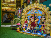 Idol makers display Durga idols outside a workshop for sale ahead of the Durga Puja festival in Kolkata, India, on September 22, 2024. (