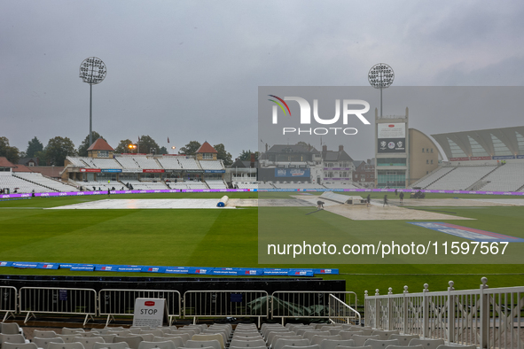 A general view of the ground with the covers on is taken when the match is abandoned without play during the Metro Bank One Day Cup match be...