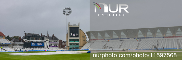 A general view of the ground with the covers on is taken when the match is abandoned without play during the Metro Bank One Day Cup match be...