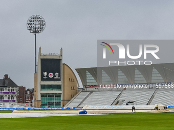 A general view of the ground with the covers on is taken when the match is abandoned without play during the Metro Bank One Day Cup match be...