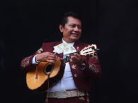 A member of Mariachi Los Gallos de Mexico performs during the Maraton de Mariachis de la Ciudad de Mexico at Zocalo main square, whose objec...