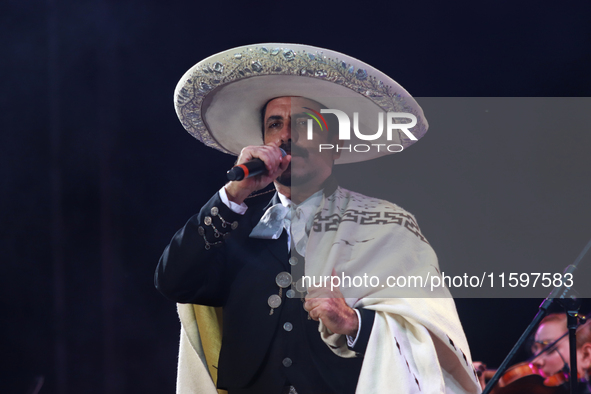 Rafael Jorge Negrete performs during the Maraton de Mariachis de la Ciudad de Mexico at Zocalo main square, which aims to promote and dissem...