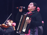 A member of Mariachi Femenil Amazonas performs during the Maraton de Mariachis de la Ciudad de Mexico at Zocalo main square, which aims to p...