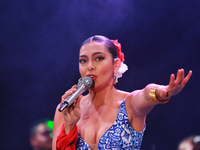 Valeria Cuevas with the Mariachi Real de la Montana performs during the Maraton de Mariachis de la Ciudad de Mexico at Zocalo main square, w...