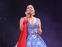 Valeria Cuevas with the Mariachi Real de la Montana performs during the Maraton de Mariachis de la Ciudad de Mexico at Zocalo main square, w...