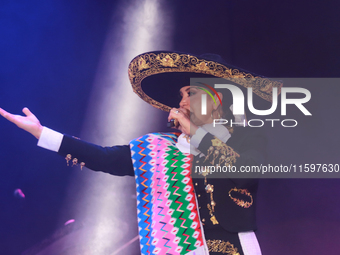 Aida Cuevas with the Mariachi Real de la Montana performs during the Maraton de Mariachis de la Ciudad de Mexico at Zocalo main square, whos...