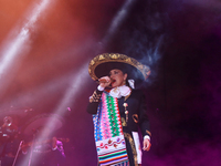 Aida Cuevas with the Mariachi Real de la Montana performs during the Maraton de Mariachis de la Ciudad de Mexico at Zocalo main square, whos...