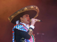 Aida Cuevas with the Mariachi Real de la Montana performs during the Maraton de Mariachis de la Ciudad de Mexico at Zocalo main square, whos...