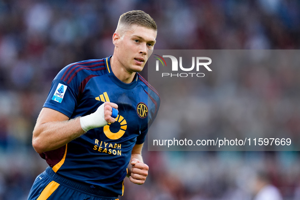 Artem Dovbyk of AS Roma celebrates after scoring first goal during the Serie A Enilive match between AS Roma and Udinese Calcio at Stadio Ol...