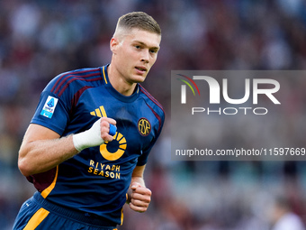 Artem Dovbyk of AS Roma celebrates after scoring first goal during the Serie A Enilive match between AS Roma and Udinese Calcio at Stadio Ol...