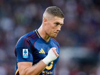 Artem Dovbyk of AS Roma celebrates after scoring first goal during the Serie A Enilive match between AS Roma and Udinese Calcio at Stadio Ol...