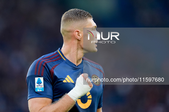 Artem Dovbyk of AS Roma celebrates after scoring first goal during the Serie A Enilive match between AS Roma and Udinese Calcio at Stadio Ol...