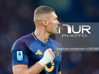 Artem Dovbyk of AS Roma celebrates after scoring first goal during the Serie A Enilive match between AS Roma and Udinese Calcio at Stadio Ol...