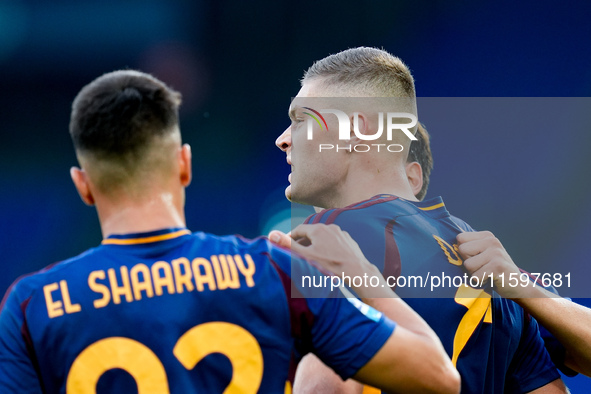 Artem Dovbyk of AS Roma celebrates after scoring first goal during the Serie A Enilive match between AS Roma and Udinese Calcio at Stadio Ol...