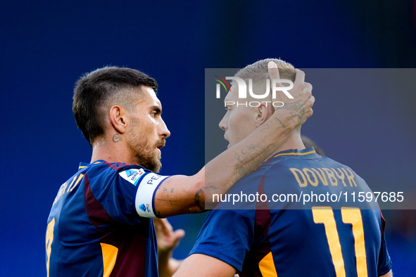 Artem Dovbyk of AS Roma celebrates after scoring first goal during the Serie A Enilive match between AS Roma and Udinese Calcio at Stadio Ol...