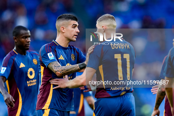 Artem Dovbyk of AS Roma celebrates after scoring first goal during the Serie A Enilive match between AS Roma and Udinese Calcio at Stadio Ol...