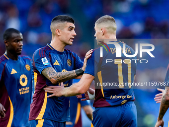 Artem Dovbyk of AS Roma celebrates after scoring first goal during the Serie A Enilive match between AS Roma and Udinese Calcio at Stadio Ol...