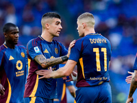 Artem Dovbyk of AS Roma celebrates after scoring first goal during the Serie A Enilive match between AS Roma and Udinese Calcio at Stadio Ol...