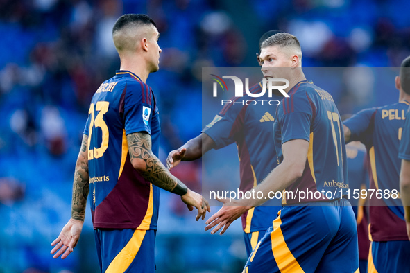 Artem Dovbyk of AS Roma celebrates after scoring first goal during the Serie A Enilive match between AS Roma and Udinese Calcio at Stadio Ol...