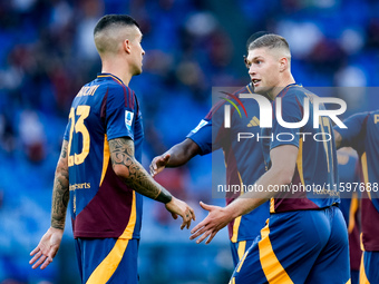 Artem Dovbyk of AS Roma celebrates after scoring first goal during the Serie A Enilive match between AS Roma and Udinese Calcio at Stadio Ol...