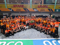 Lando Norris of the United Kingdom and the McLaren Formula 1 Team and Oscar Piastri of Australia and the McLaren Formula 1 Team celebrate fi...