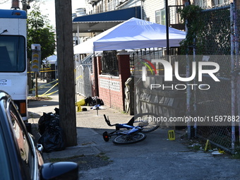 NYPD crime scene investigators search and mark evidence after a 42-year-old man is killed by gunshots to the shoulder and arm in the East Ne...