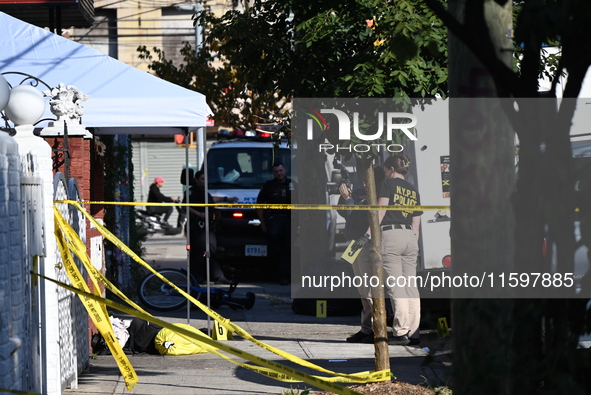 NYPD crime scene investigators search and mark evidence after a 42-year-old man is killed by gunshots to the shoulder and arm in the East Ne...