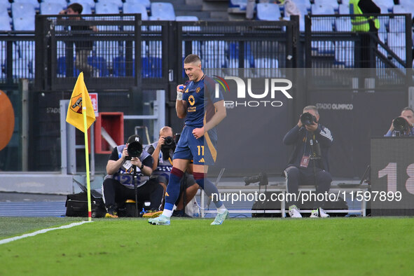 Artem Dovbyk of A.S. Roma celebrates after scoring the goal of 1-0 during the 5th day of the Serie A Championship between A.S. Roma and Udin...