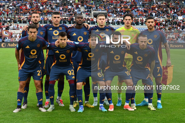 A.S. Roma players pose for a team photo during the 5th day of the Serie A Championship between A.S. Roma and Udinese Calcio at the Olympic S...